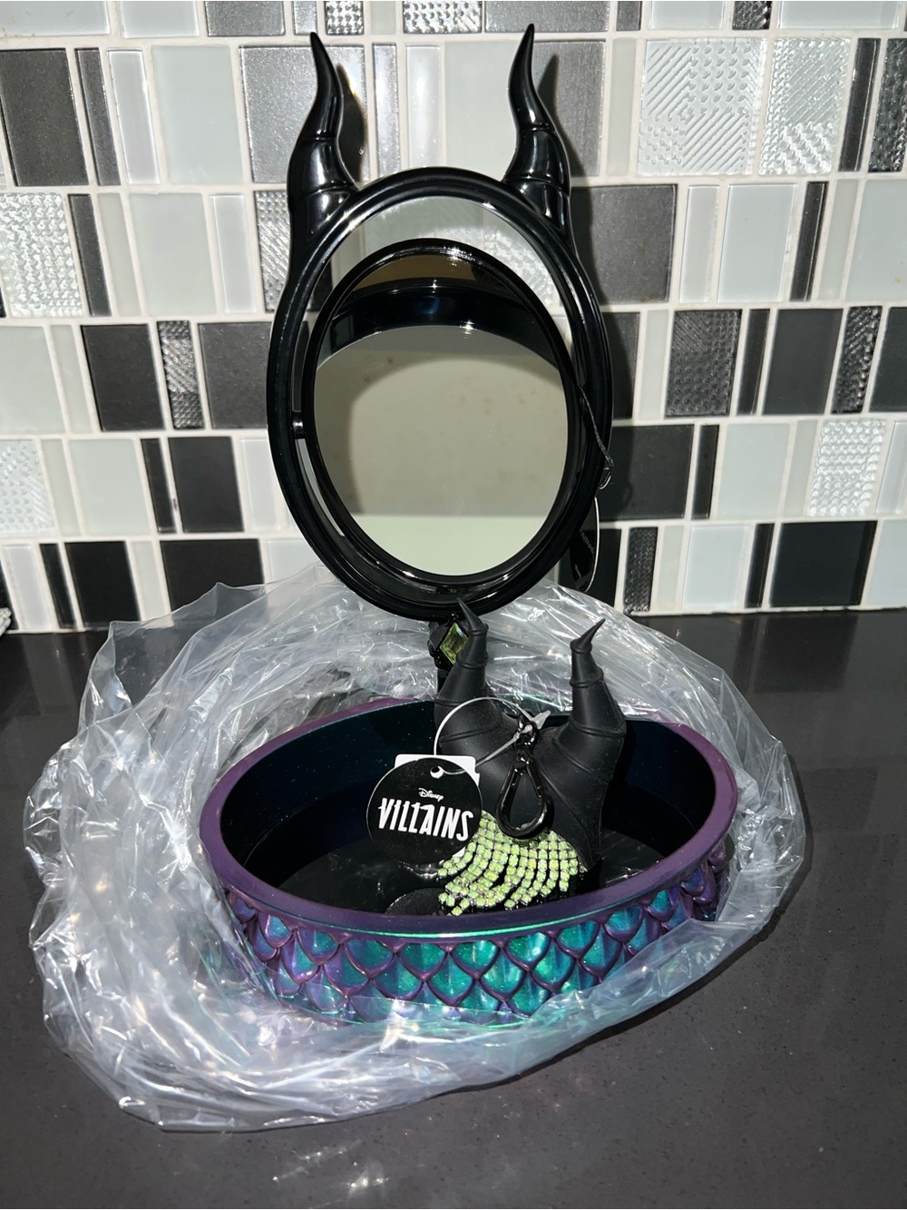 Maleficent Black Horned Mirror Jewelry Tray with Iridescent Mermaid Scales